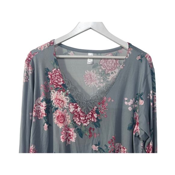 FLORA NIKROOZ WOMENS XLARGE JADE FLORAL PRINTED LONGSLEEVE PAJAMA TOP ONLY GREY - Picture 4 of 11